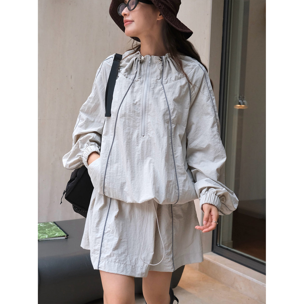 Women Lightweight Windbreaker Half-Zip Tunic with Drawstring and Elastic Cuffs EVA-US
