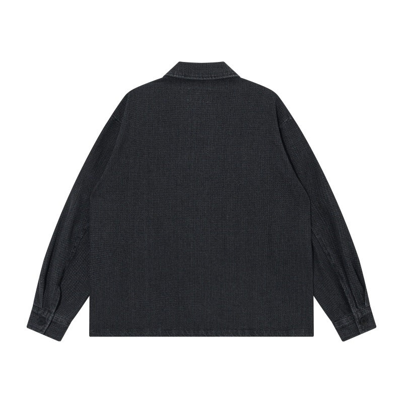 Men's short-cut denim chore jacket in boxy blouson style with Chinese toggle button placket EVA-US