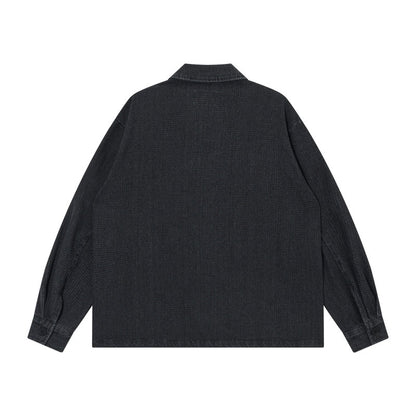 Men's short-cut denim chore jacket in boxy blouson style with Chinese toggle button placket EVA-US