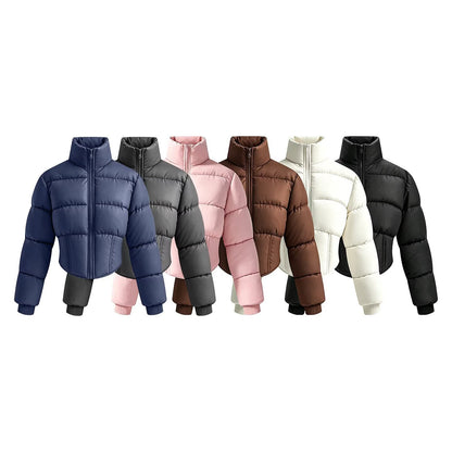 Women's short quilted jacket with a tailored corset-cut silhouette and high stand-up collar EVA-US