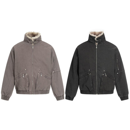 Men's Oversized Bomber Jacket in Vintage Canvas Look with Faux Fur Lined Stand Collar EVA-US