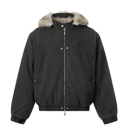 Men's canvas bomber jacket with removable faux fur hood and elastic hem EVA-US