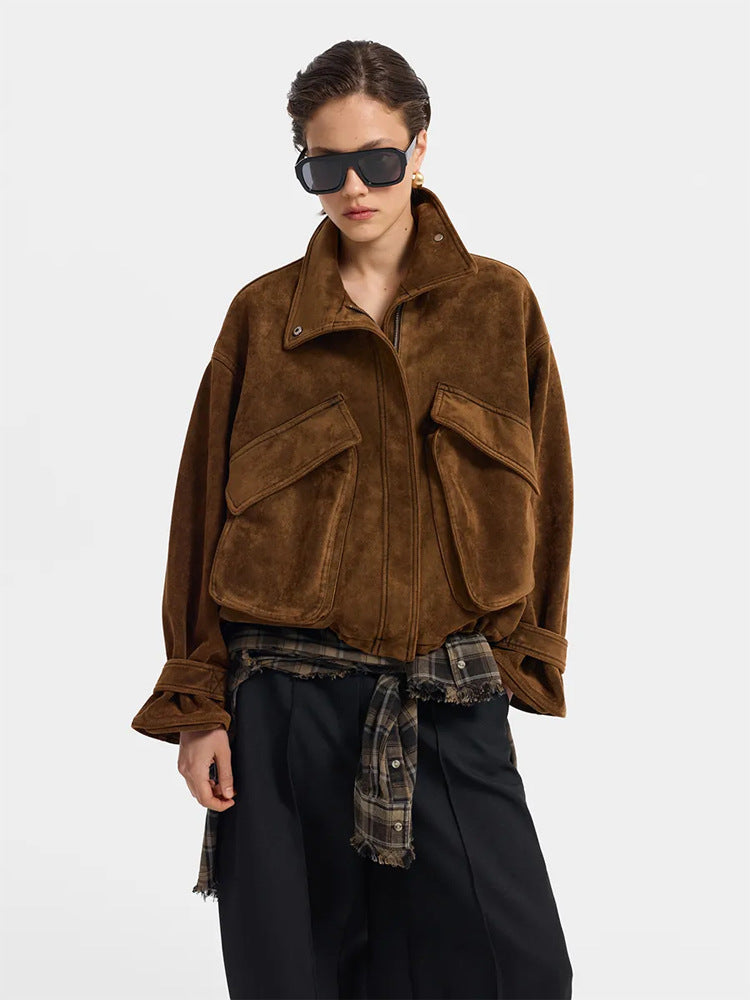 Women's Oversize Suede Blouson with Large Flap Pockets and Stand-Up Collar EVA-US