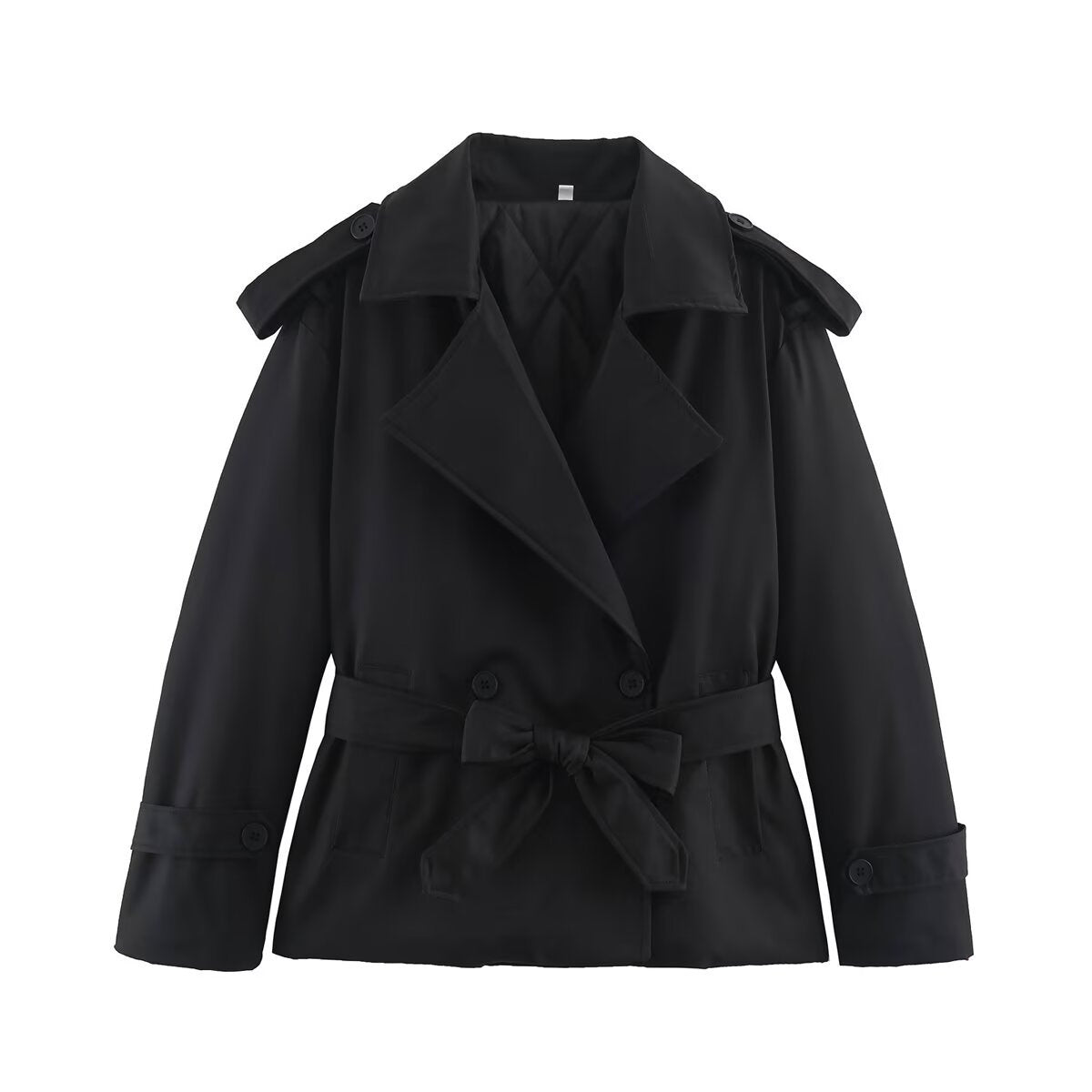 Women's Tailored Short Trench Coat with Tie Belt and Shoulder Patches EVA-US