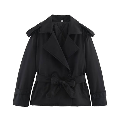 Women's Tailored Short Trench Coat with Tie Belt and Shoulder Patches EVA-US