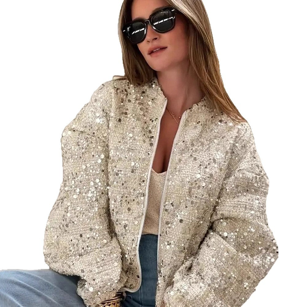Women's sequin bomber jacket with zipper, loose boxy silhouette and decorative glitter applications EVA-US