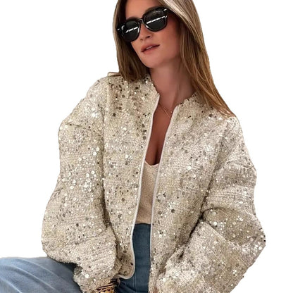 Women's sequin bomber jacket with zipper, loose boxy silhouette and decorative glitter applications EVA-US