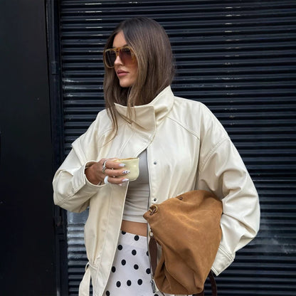 Women Oversized Faux Leather Jacket with High Stand-up Collar and Drawstring