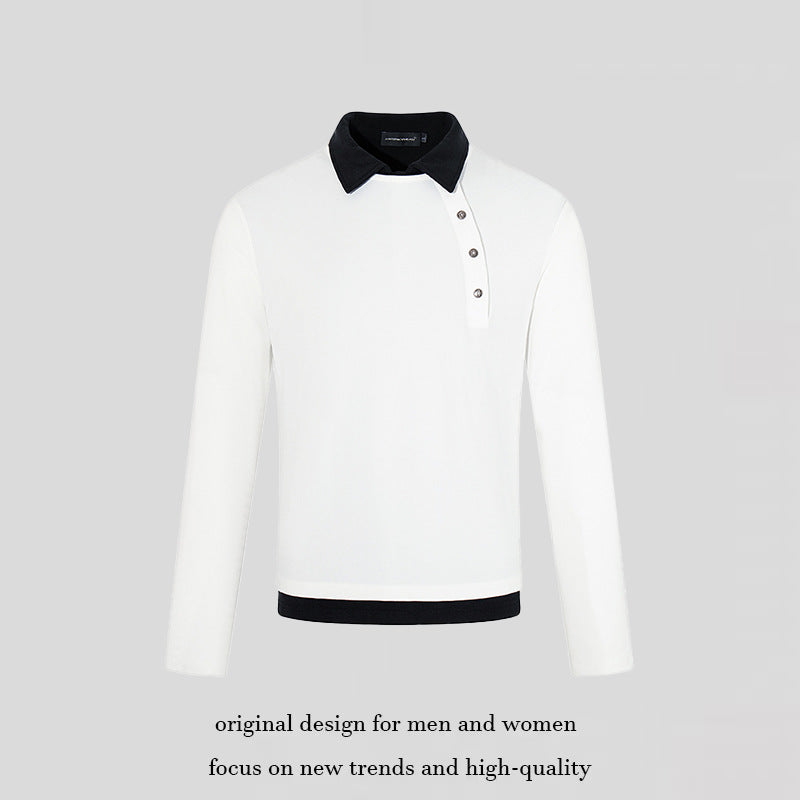 Men's long-sleeve polo shirt with asymmetrical button placket and contrasting collar EVA-US