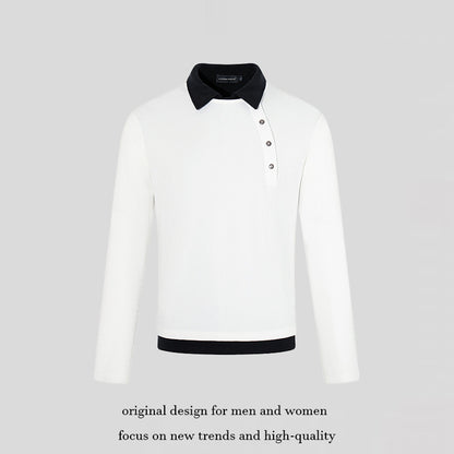 Men's long-sleeve polo shirt with asymmetrical button placket and contrasting collar EVA-US