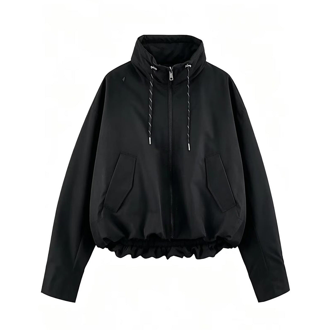 Women's Cropped Oversize Windbreaker with high funnel collar, drawstring and gathered elastic waistband EVA-US