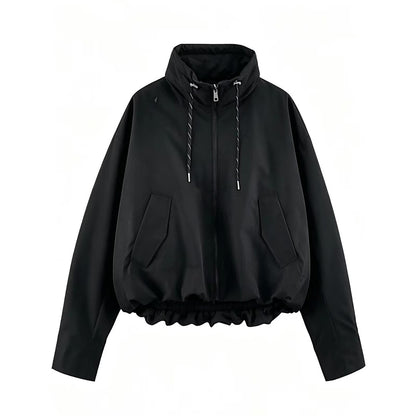 Women's Cropped Oversize Windbreaker with high funnel collar, drawstring and gathered elastic waistband EVA-US