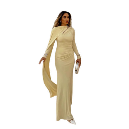 Women's Tailored Maxi Dress with Asymmetric Cape and High Collar EVA-US