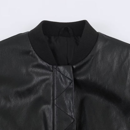 Women's bomber jacket in leather look with hidden flap, figure-hugging ribbed waistband and slanted flap pockets EVA-US