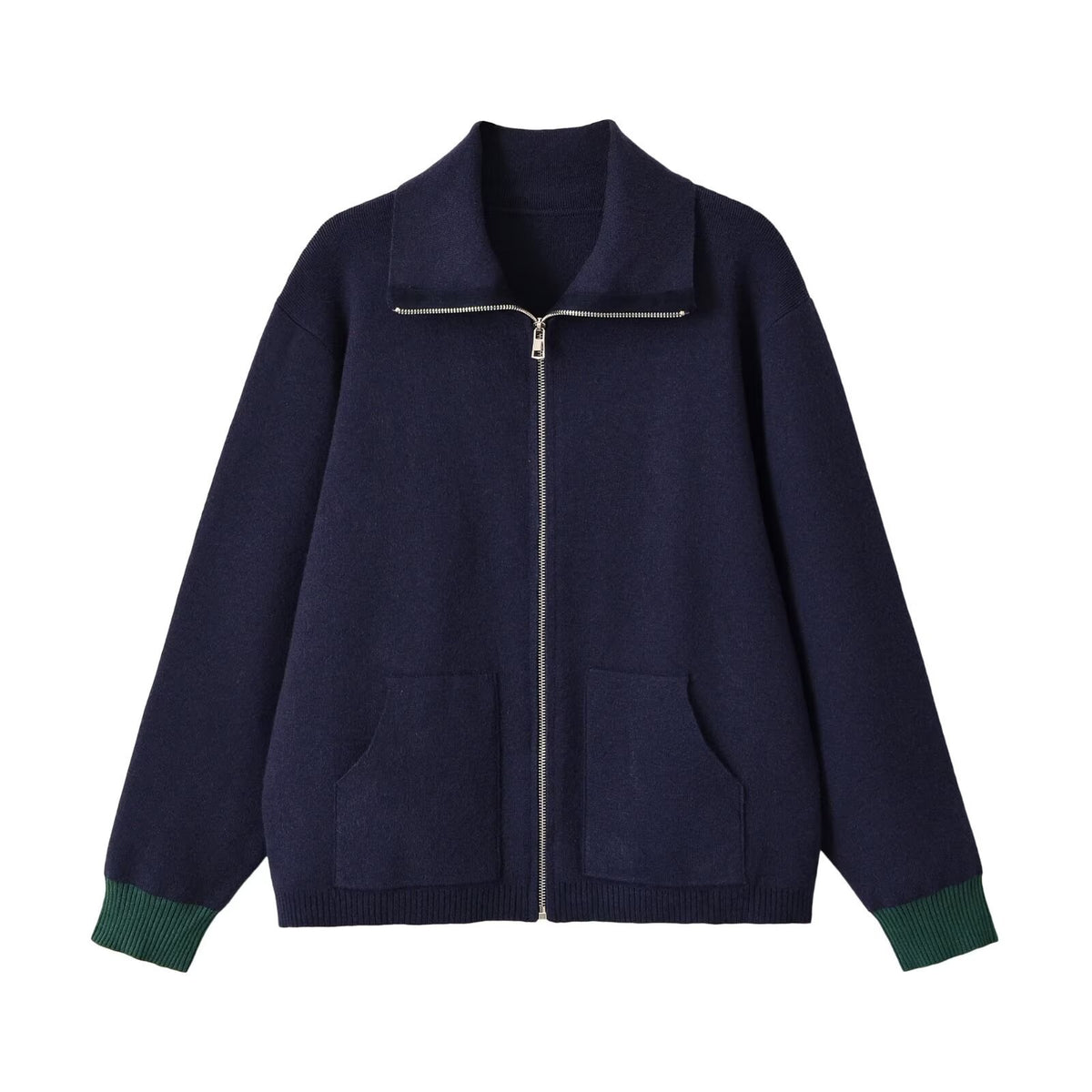 Women's Chunky Knit Oversized Zip Jacket with Stand-Up Collar and Patch Pockets EVA-US