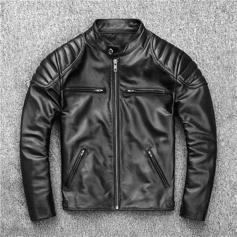 Men's Vintage Biker Leather Jacket with Stand Collar and Padded Shoulder EVA-US