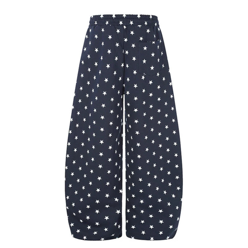 Women's Wide Palazzo Lounge Pants with Allover Stars, Drawstring Waistband and Typographic Print EVA-US