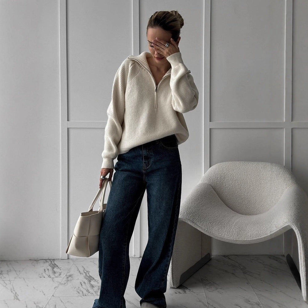 Women Ribbed Wool Blend Sweater with Half Zipper and Wide Stand Collar EVA-US