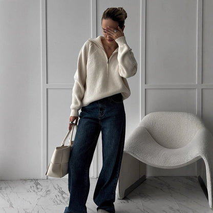 Women Ribbed Wool Blend Sweater with Half Zipper and Wide Stand Collar EVA-US