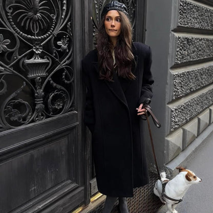 Women's maxi-length wool blend coat in oversized cocoon cut with distinctive shoulder line EVA-US