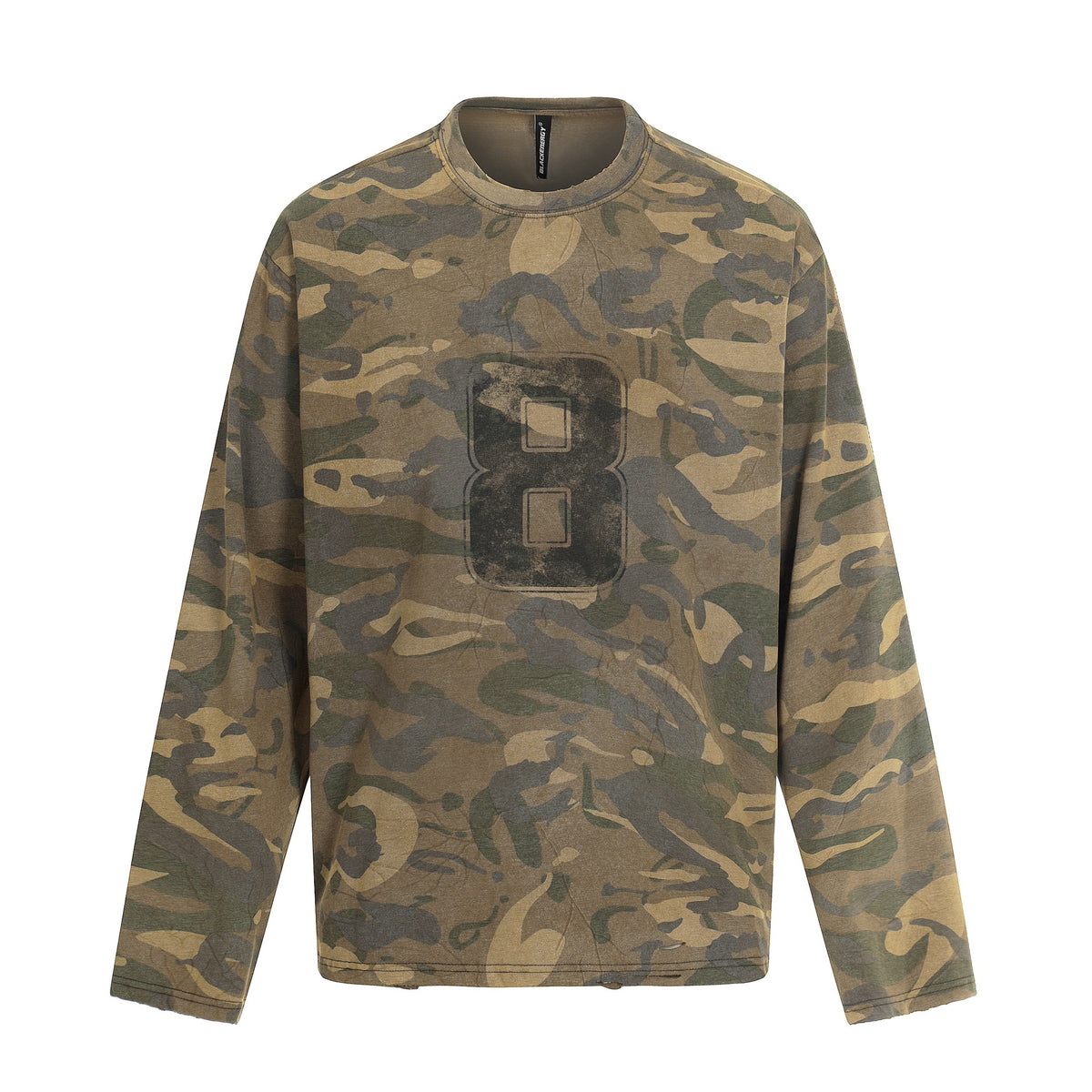 Men's camouflage long-sleeve shirt in used look with round neck and vintage print EVA-US