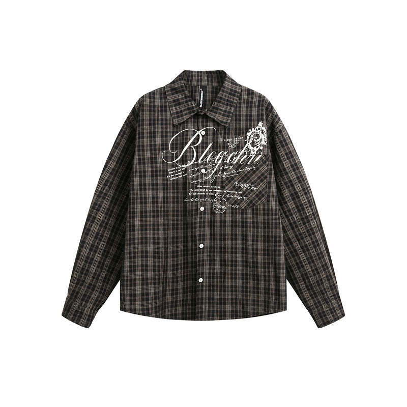 Women's Checkered Oversized Shirt Blouse with Chest Pocket and Decorative Letter Print EVA-US