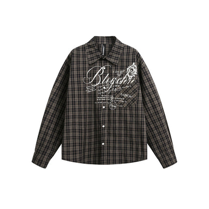 Women's Checkered Oversized Shirt Blouse with Chest Pocket and Decorative Letter Print EVA-US
