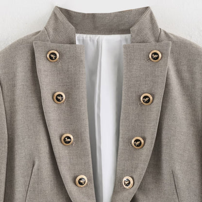 Women Cropped Military Blazer with Stand Collar, Double-Breasted Decorative Button Placket and Tailored Fit EVA-US