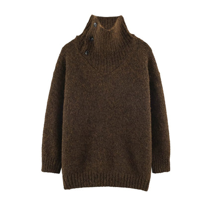 Women's Oversized Knit Sweater with High Ribbed Collar, Button Detail and V-Neck EVA-US