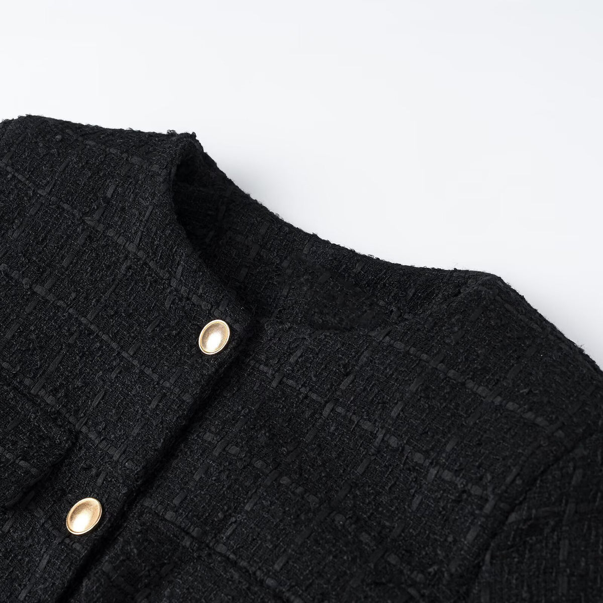 Ladies short jacket made of bouclé tweed with round neck, golden decorative buttons and tie belt EVA-US