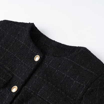 Ladies short jacket made of bouclé tweed with round neck, golden decorative buttons and tie belt EVA-US