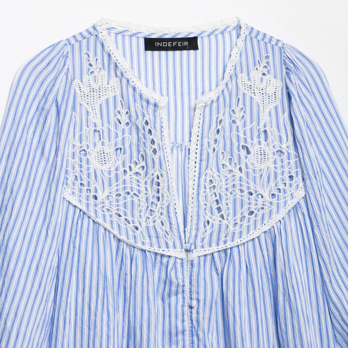 Ladies Striped Blouse with Crochet Lace, Balloon Sleeves and Button Placket EVA-US