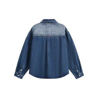 Unisex Oversized Denim Shirt Jacket in Vintage Wash with Patch Chest Pockets EVA-US