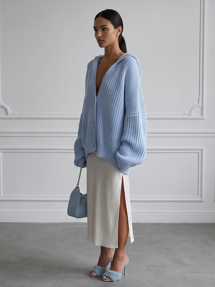 Women's oversized hooded knit cardigan with balloon sleeves and button placket EVA-US