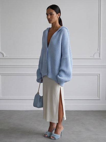 Women's oversized hooded knit cardigan with balloon sleeves and button placket EVA-US