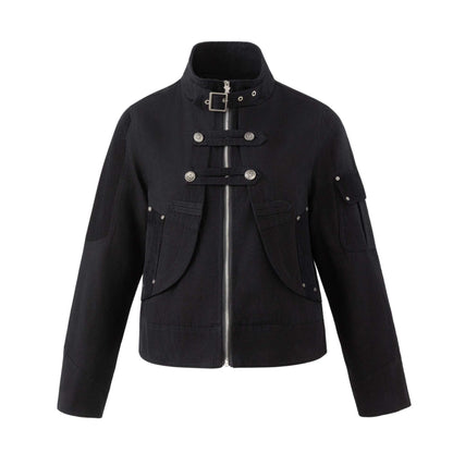 Men's military-inspired short jacket with stand-up collar, belt straps, and decorative flap pockets EVA-US
