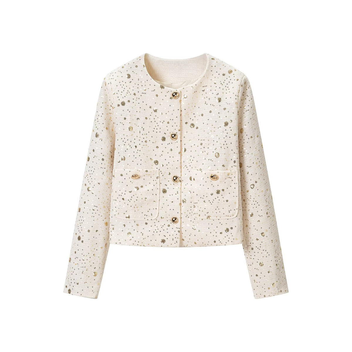 Women's Boucle Cropped Jacket with Sequin Details, Round Neck and Patch Pockets