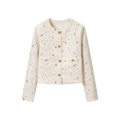 Women's Boucle Cropped Jacket with Sequin Details, Round Neck and Patch Pockets