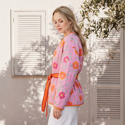 Women's Quilted Floral Kimono with Tie Belt EVA-US