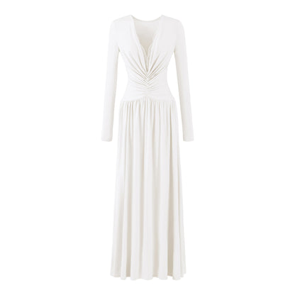 Women Maxi Dress with Ruched Wrap Top, Deep V-Neck and Lace Trim EVA-US