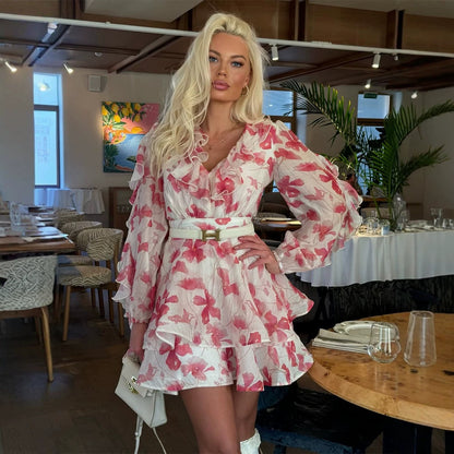 Ladies Romantic Ruffle Mini Dress with Floral Chiffon Look and Tailored Silhouette EVA-US
