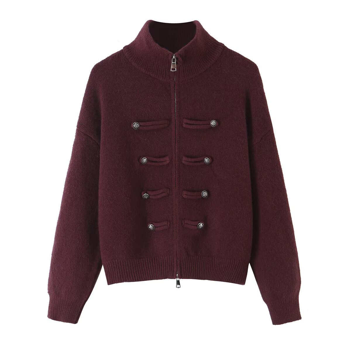 Ladies cardigan with stand-up collar, zipper and decorative knot trims EVA-US
