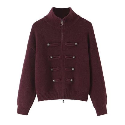 Ladies cardigan with stand-up collar, zipper and decorative knot trims EVA-US