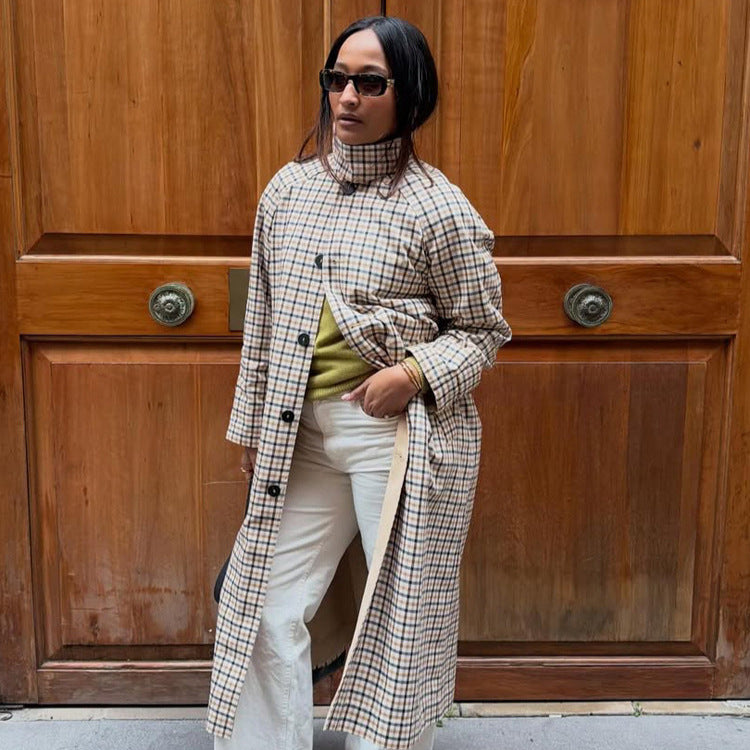 Women's Maxi Length Checked Wool Blend Coat with Straight Silhouette EVA-US
