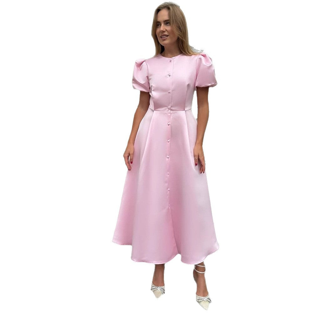 Ladies' midi dress made of satin with voluminous puff sleeves, fitted A-line and continuous button placket EVA-US