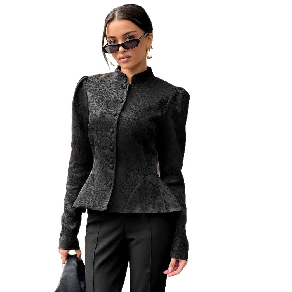 Women's tailored jacquard blouse with stand-up collar and decorative button placket EVA-US