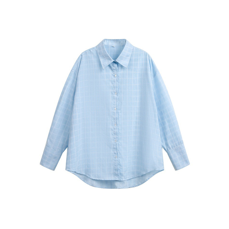 Women Loose Boxy Shirt with Kent Collar, Rounded Hem and Fine Check Pattern EVA-US