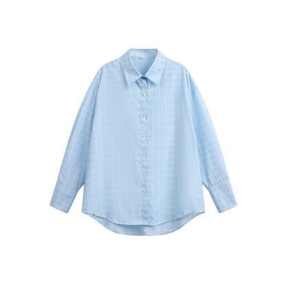 Women Loose Boxy Shirt with Kent Collar, Rounded Hem and Fine Check Pattern EVA-US