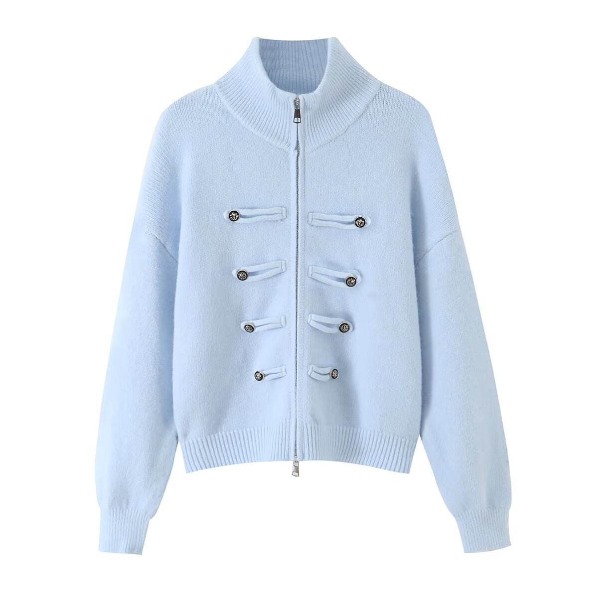 Ladies cardigan with stand-up collar, zipper and decorative knot trims EVA-US