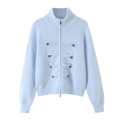 Ladies cardigan with stand-up collar, zipper and decorative knot trims EVA-US